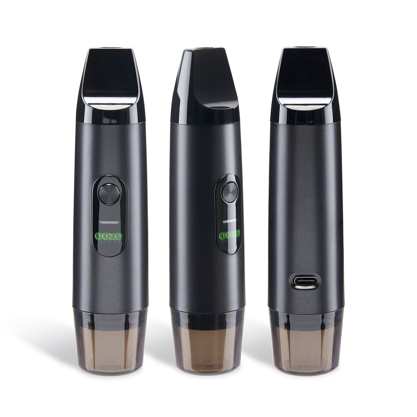 Front view of the Ooze Booster Extract Vaporizer – C-Core 1100 mAh, a sleek black device presented against a plain white backdrop.