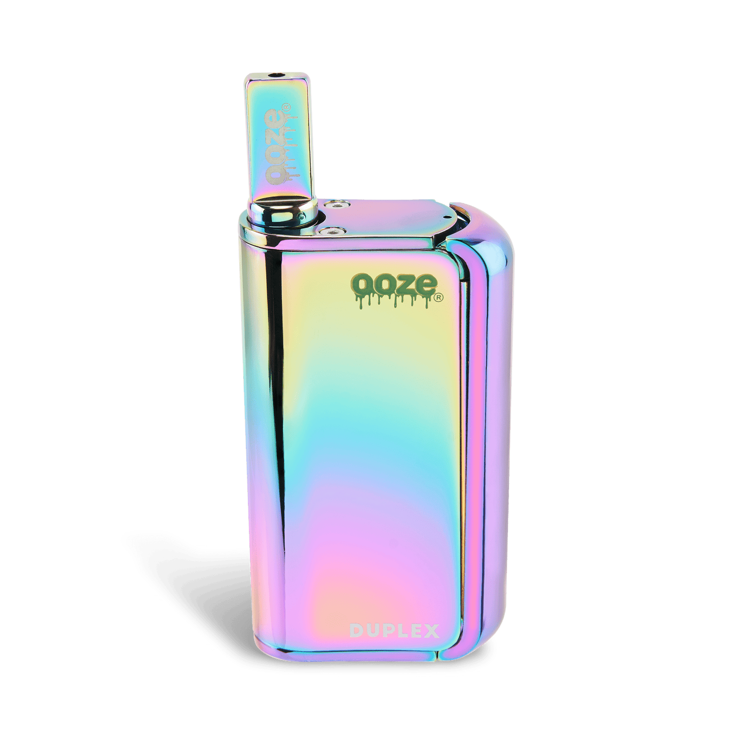 Front view of the Ooze Duplex Pro, a sleek, iridescent vaporizer with a metallic sheen and a simple, rectangular design.