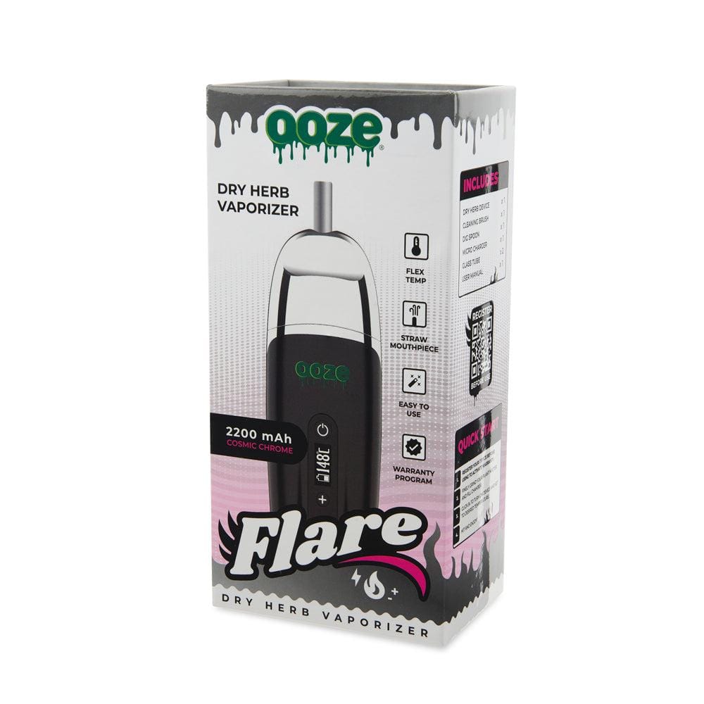 A front view of the Ooze Flare Dry Herb Vaporizer, showcasing the black device with visible branding and product information labels.