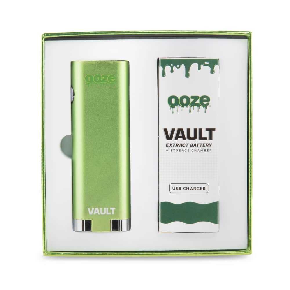 Front view of the Ooze Vault Extract Battery with Storage Chamber, displayed against a solid black background.