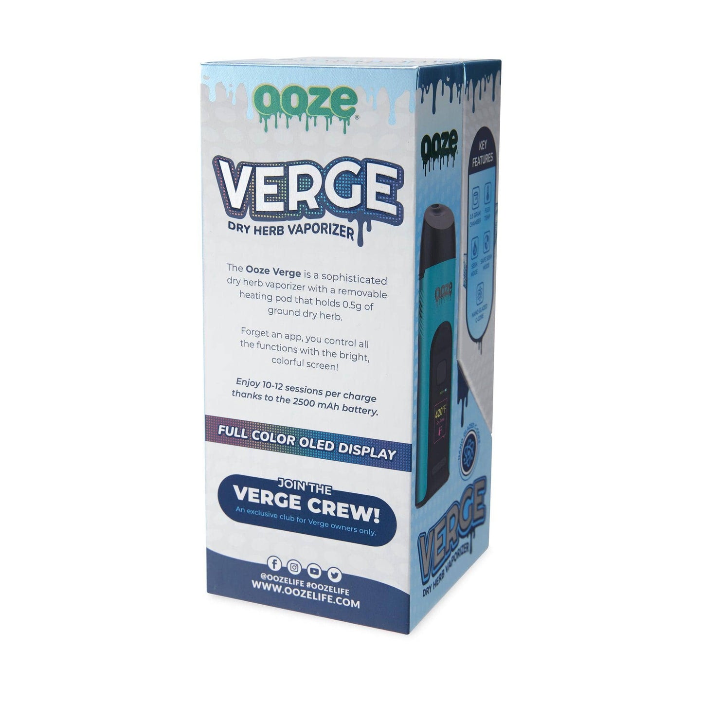 Front view of the Ooze Verge Dry Herb Vaporizer – 2500 mAh C-Core, displaying its digital screen and sleek black design.