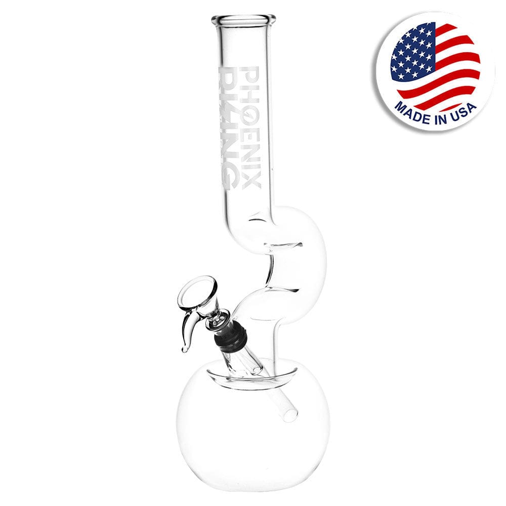 Front view of the clear glass Phoenix Rising Switchback Beaker Water Pipe, displaying its classic beaker shape and visible joint.