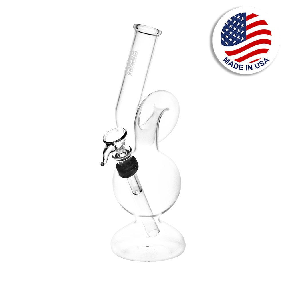 A studio shot of the 8-inch Phoenix Rising Upside Down Twisted Bubble Water Pipe in clear glass, viewed from a low angle.