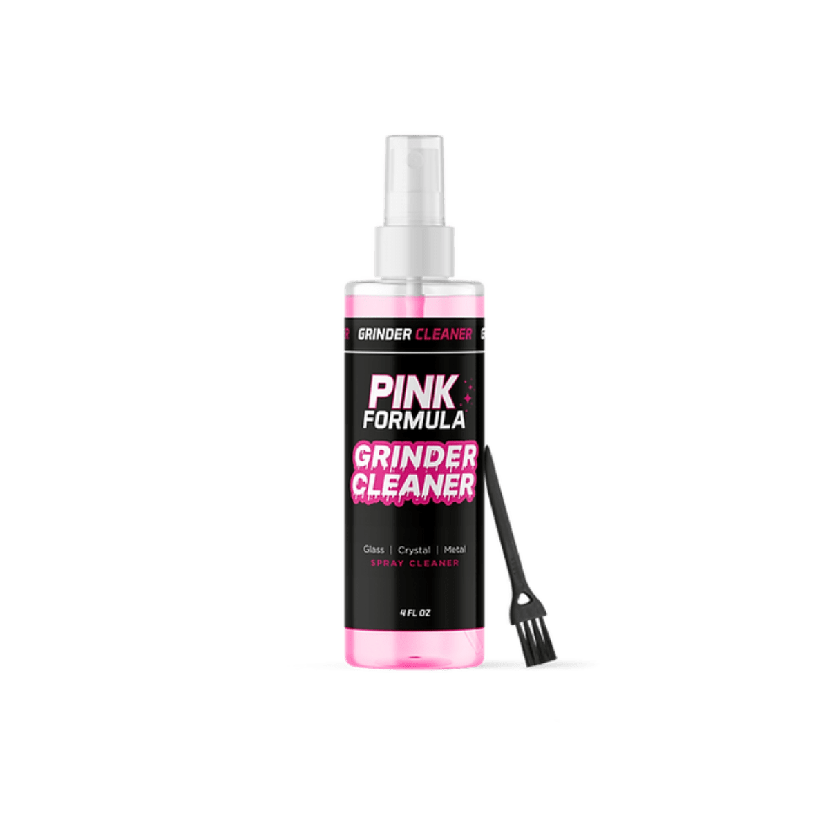 Front view of the Pink Formula Grinder Cleaner - 4oz bottle with a small brush, shown against a plain white background.