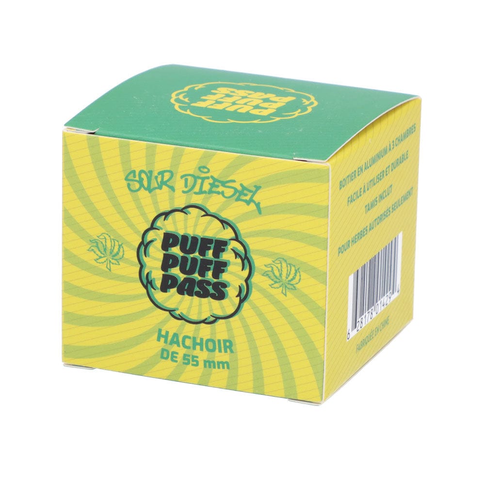 Front view of the Sour Diesel 55mm 3-Stage Grinder against a green background, showcasing its cylindrical shape and branding.