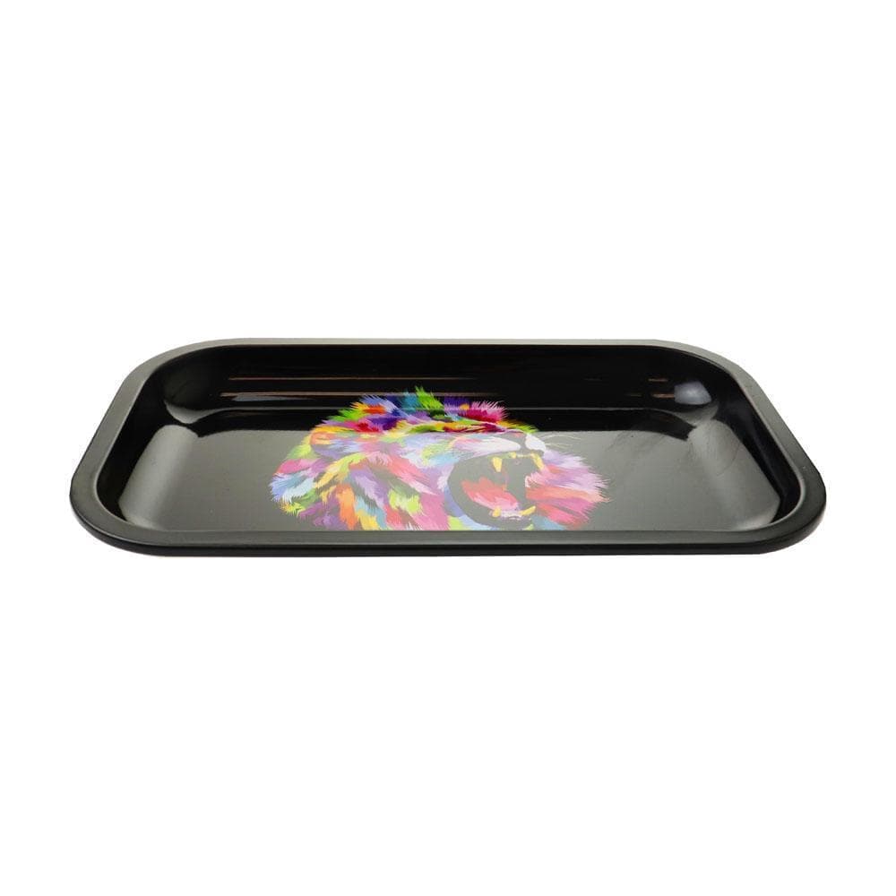 Overhead view of the Lion Rolling Tray, displaying a black surface with a decorative design.