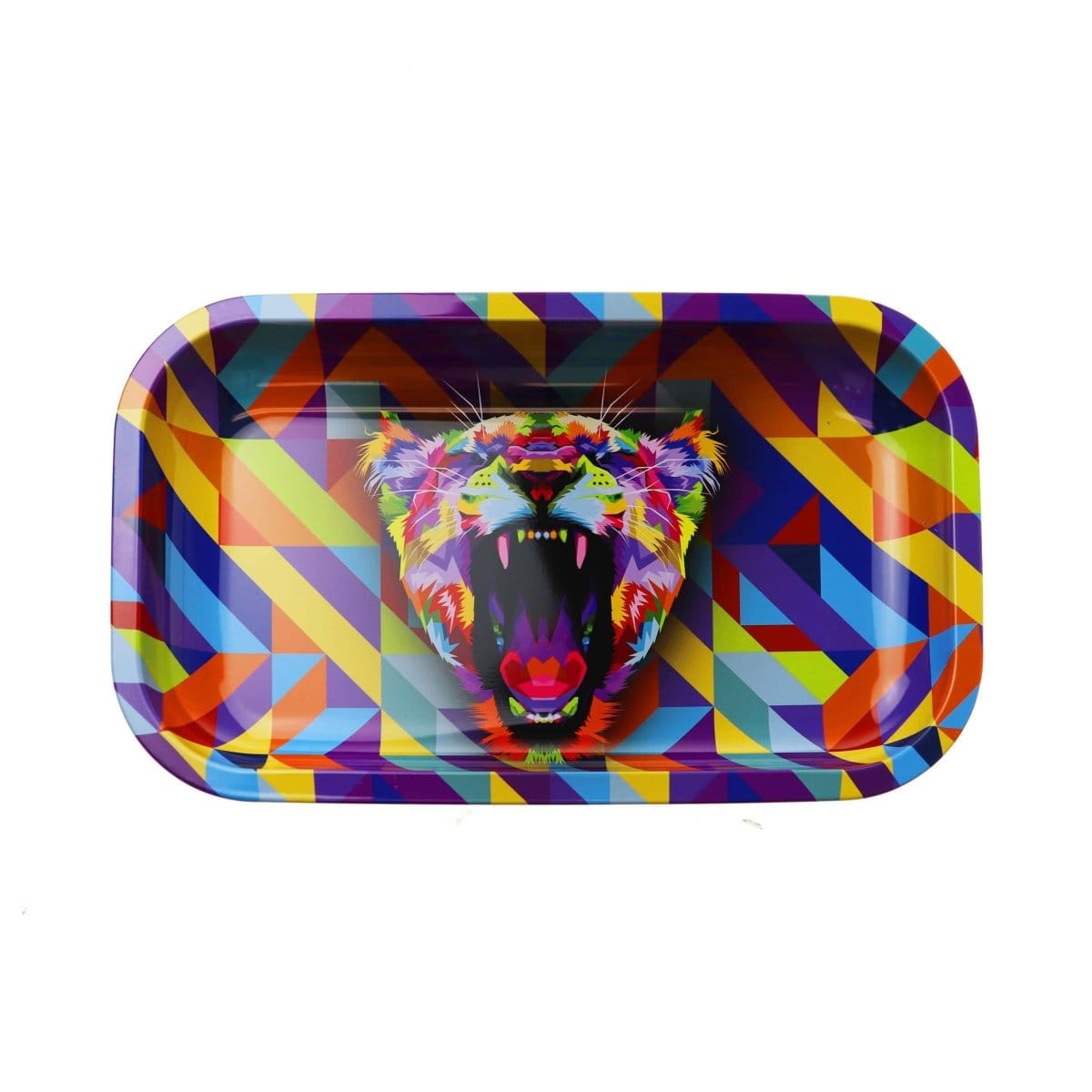 The Lioness Rolling Tray displays a colorful geometric design with a lioness portrait as the central focus.