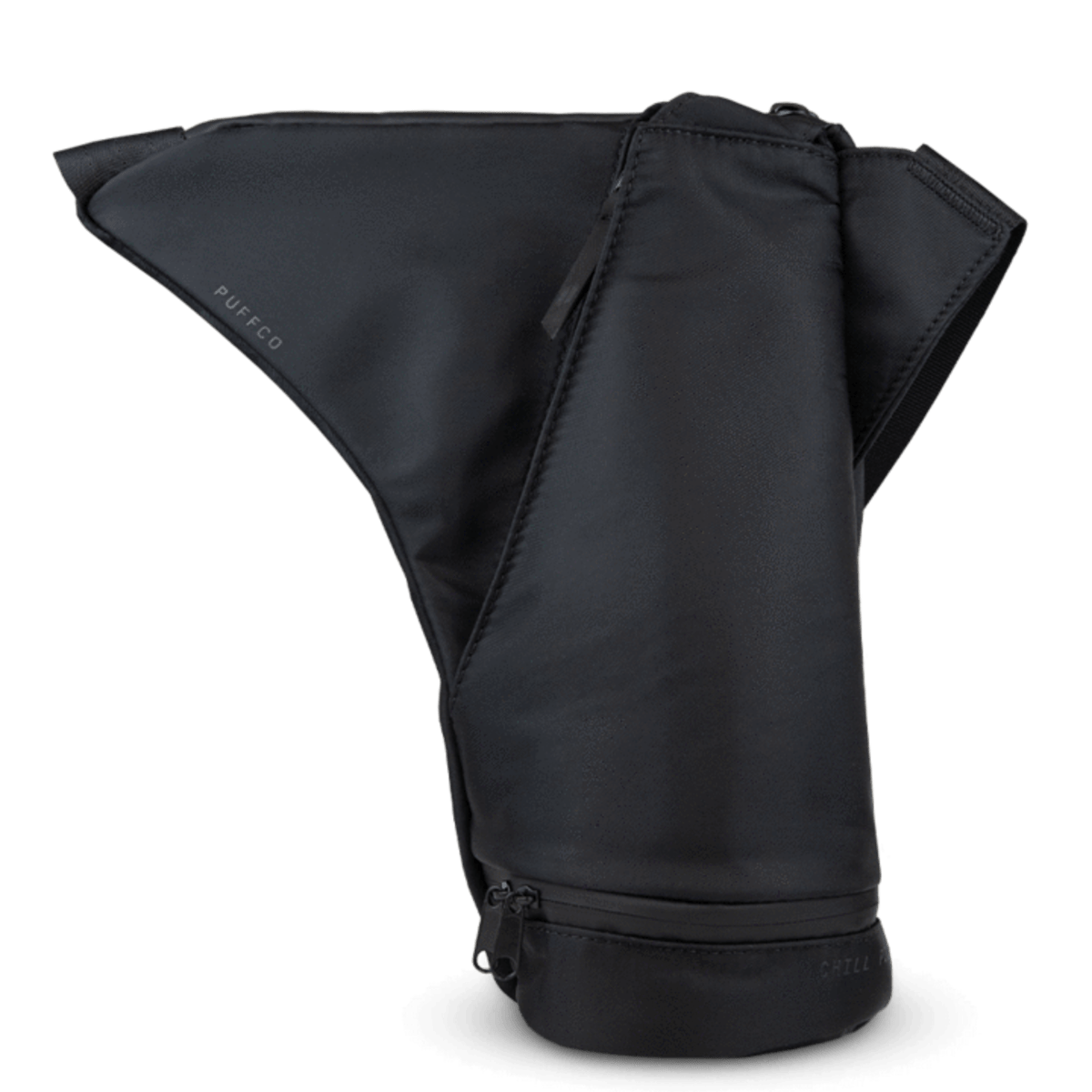 Front view of the Puffco Journey Bag, a black zippered travel case angled slightly to the left.