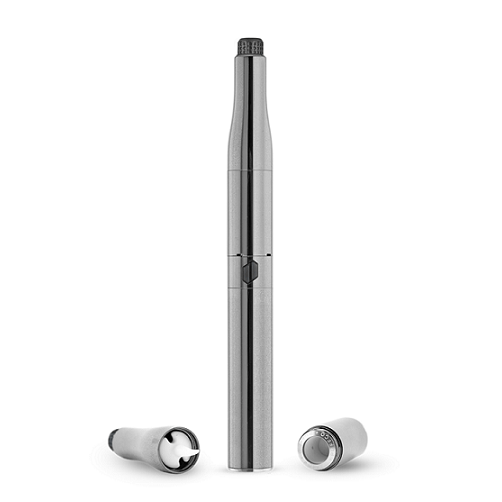 A studio shot of the Puffco Plus V2| displaying its cylindrical shape and metallic finish against a plain white background.