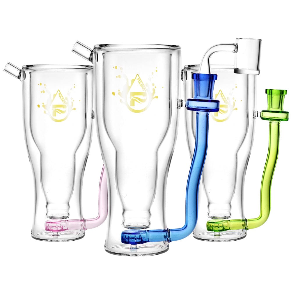 A front view of the Drinkable Beer Mug Dab Rig in varying shades of blue and pink, displaying its unique mug-like form.