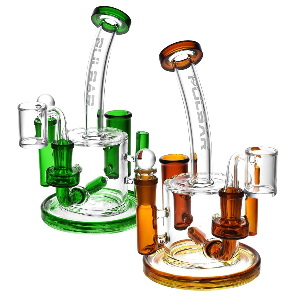 A comparison shot of the Pulsar All in One Station Dab Rig V2| showcasing two colorful, multi-stem rigs against a plain white backdrop.