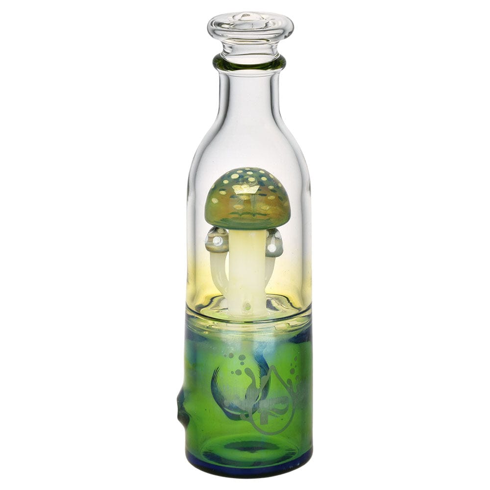 A detailed side view of the Pulsar Fungi Trio in Bottle Hand Pipe, showcasing the sculpted mushroom design within clear glass.
