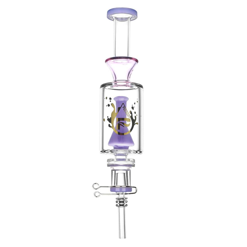 A front view of the Pulsar Beaker Perc Vapor Vessel 2.0| showcasing the clear glass structure and quartz tip.