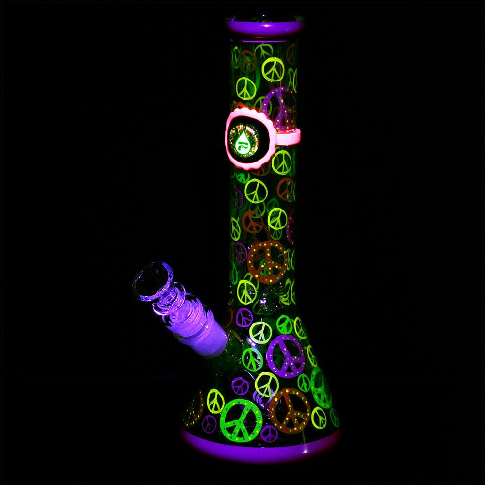 Front view of the Pulsar Peacekeeper Beaker Water Pipe, showcasing a colorful, patterned design against a black background.