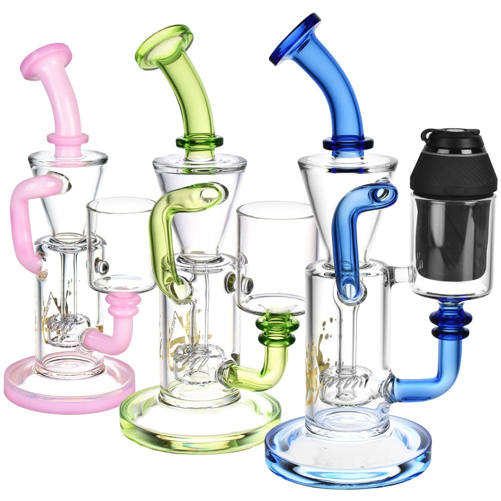 A front view of the Pulsar Recycler Water Pipe For Puffco Proxy-8.5” in varying shades of blue and green, angled against a bright white background.