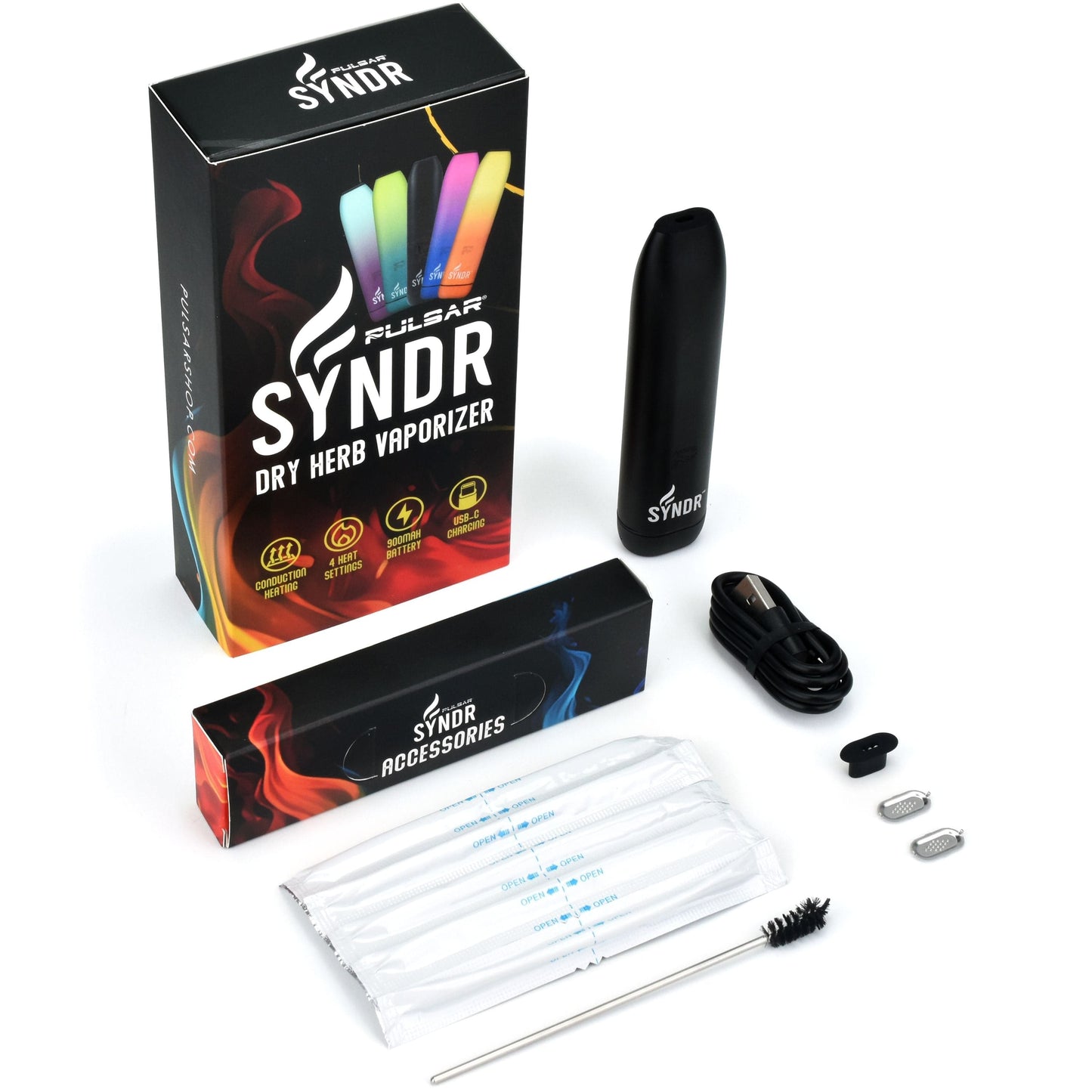 Front view of the Syndr Dry Herb Vaporizer 880mah, showcasing its sleek black design against a dark background.
