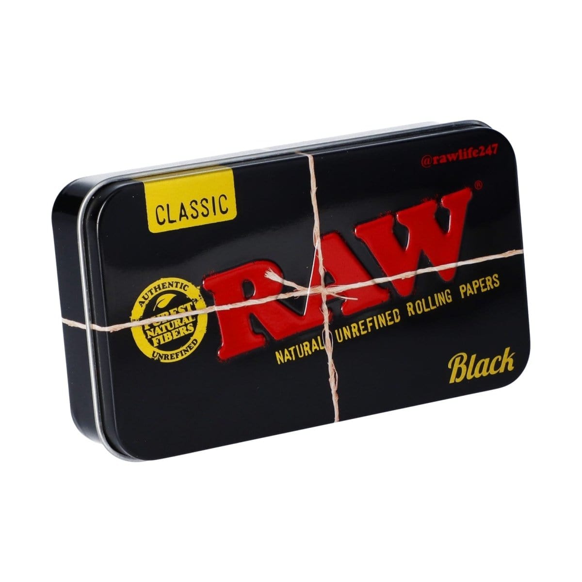 Front view of the RAW Black Metal Tin Storage Box with a metallic finish and the brand's logo prominently displayed.