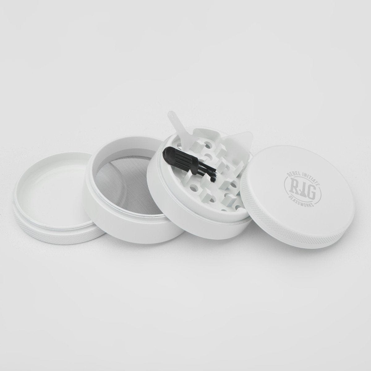 Front view of the 2.2" Ceramic-coated Grinder, revealing its multi-tiered, silver metallic design and open lid.