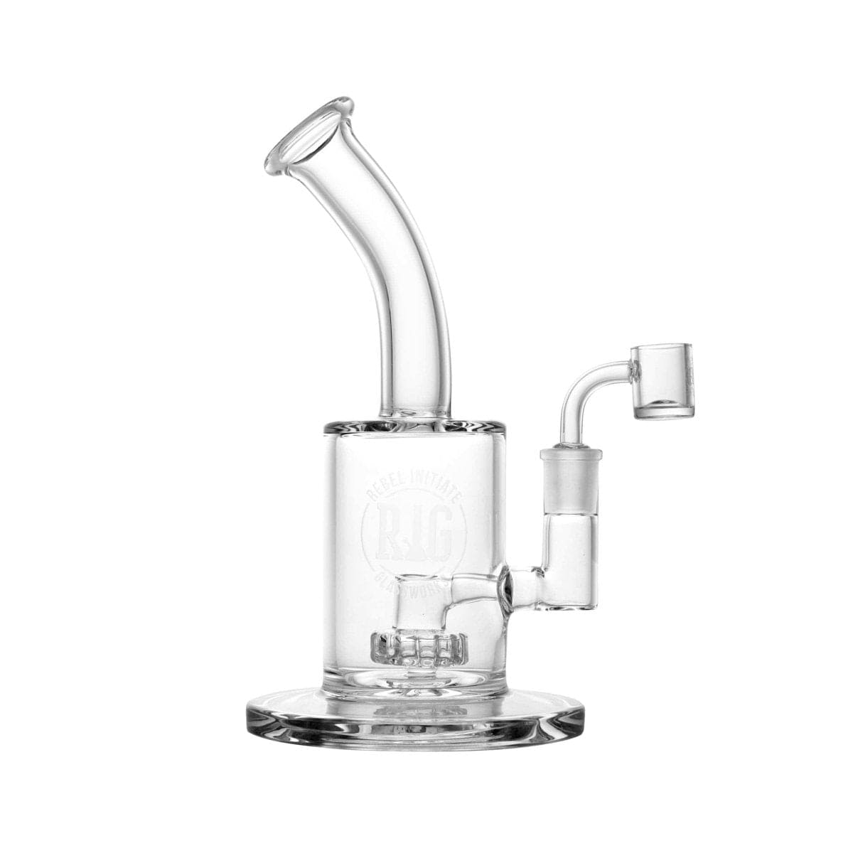 A close-up, angled view of the 9.5'' "Revolt" Borosilicate Glass Rig, showing the clear glass construction and joint detail.