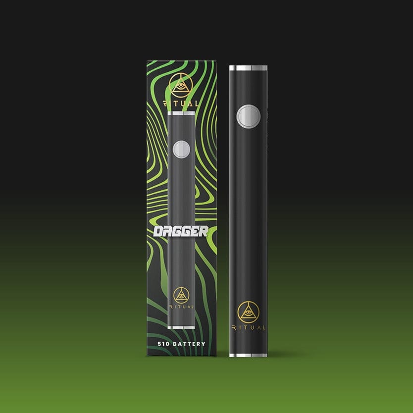 Front view of the black Ritual Dagger 510 Variable Voltage Pen Battery with a sleek, cylindrical design and subtle branding.