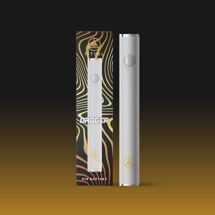 Front view of the white Ritual Dagger 510 Variable Voltage Pen Battery, showcasing its sleek, cylindrical design against a dark background.