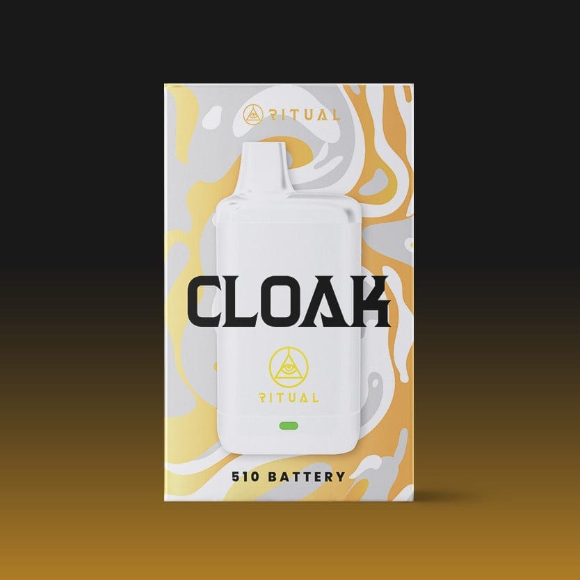 A slightly angled studio shot of the white Ritual - Cloak 510 Variable Voltage Concealed Battery with subtle, abstract lighting in the background.