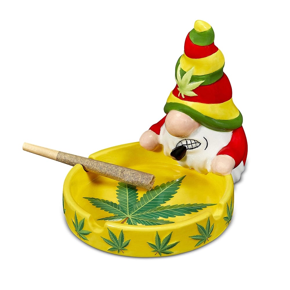 The Gnome Ashtray features a ceramic gnome figure holding a cigarette in a whimsical, close-up shot.