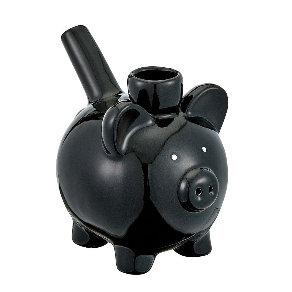 Front view of the Black Pig Pipe, a glossy black ceramic pipe shaped like a pig, against a plain white background.