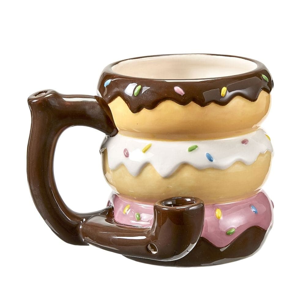 A slightly angled view of the Donut mug - pipe - novelty mug, resembling a glazed donut with a handle forming the pipe stem.
