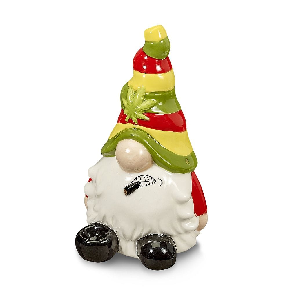 Front view of the STONED GNOME Gnome Pipe, a ceramic figurine with a whimsical expression and detailed beard.