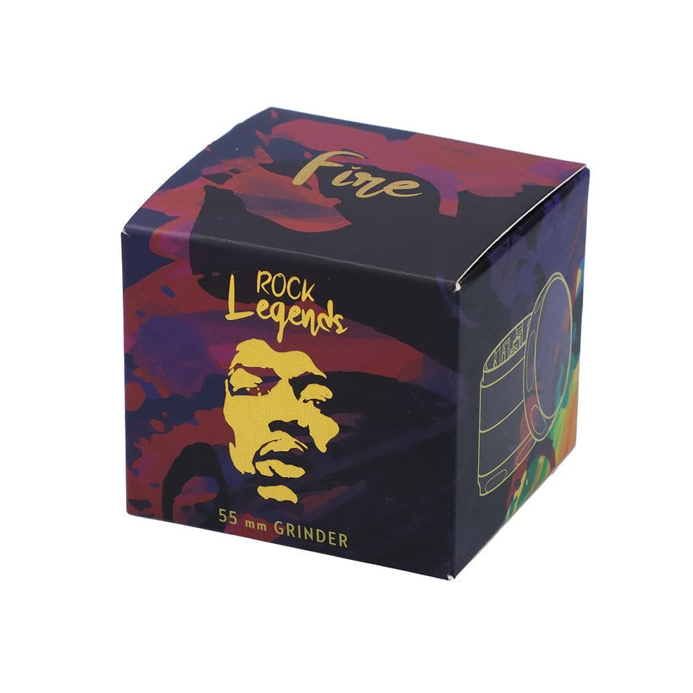 Front view of the Jimi Hendrix Fire 55mm 4-Piece Grinder, showcasing a colorful portrait design on a metal grinder.