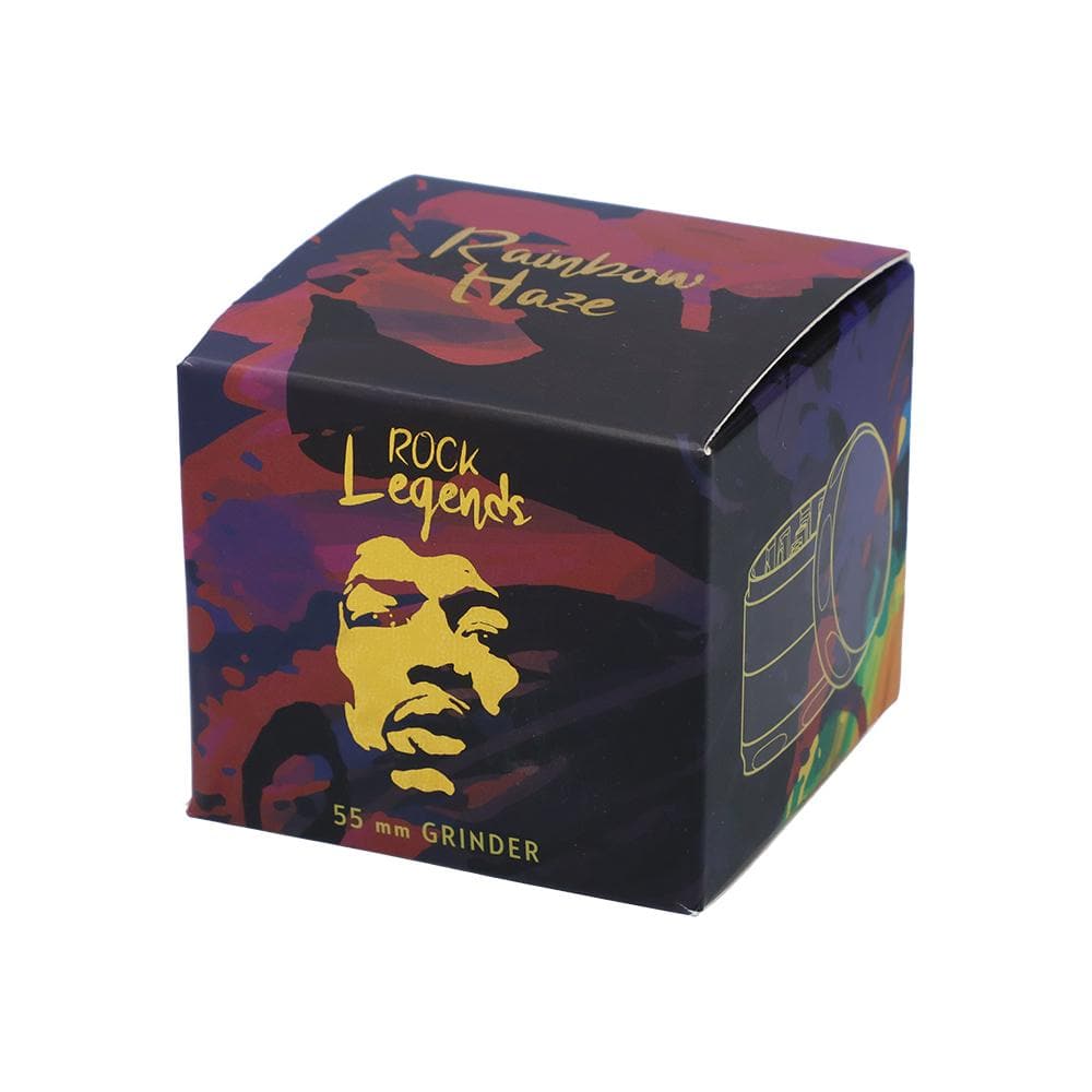 Front view of the Jimi Hendrix Rainbow Haze 55mm 4-Piece Grinder, featuring colorful artwork on a metallic grinder.