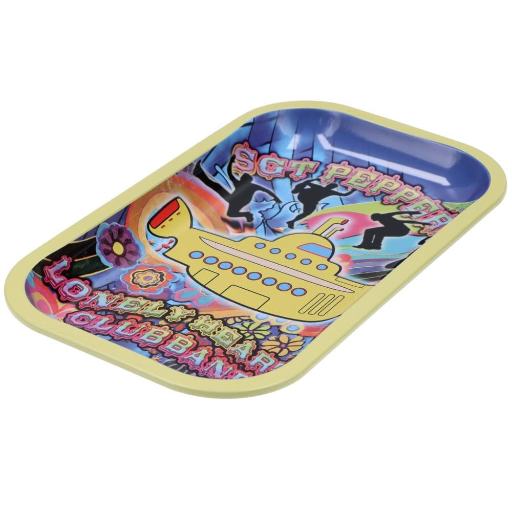The Rock Legends Fab4 Yellow Submarine Rolling Tray is shown in a top-down view, featuring a bright yellow design with detailed artwork.