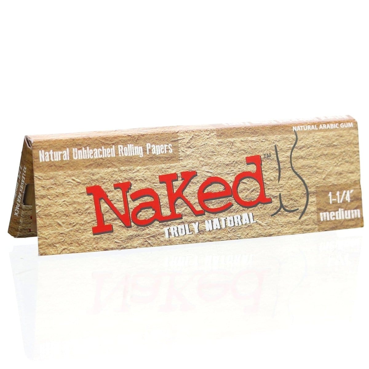 A close-up of Naked Rolling Papers packaging showing the brand name and product information against a tan background.
