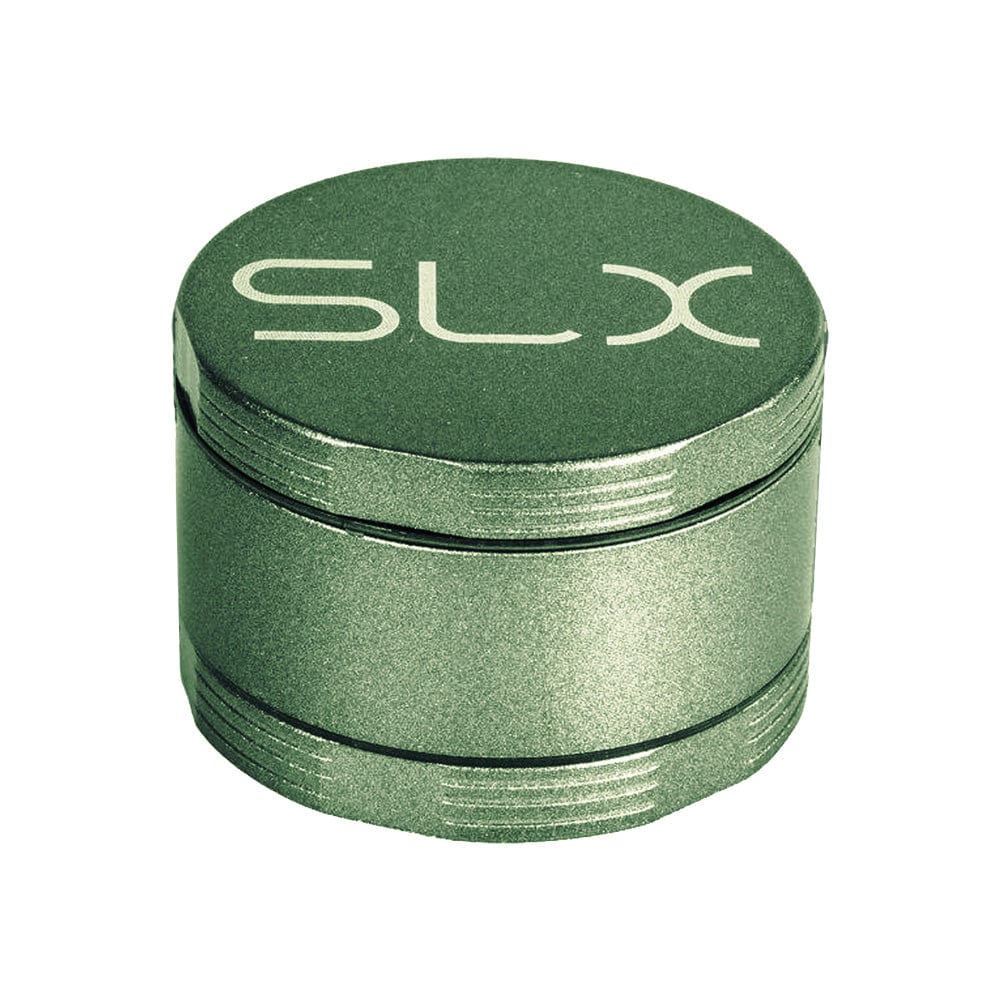 A front view of the SLX Ceramic Coated Metal Grinder, a silver, four-piece, 2-inch metal grinder.