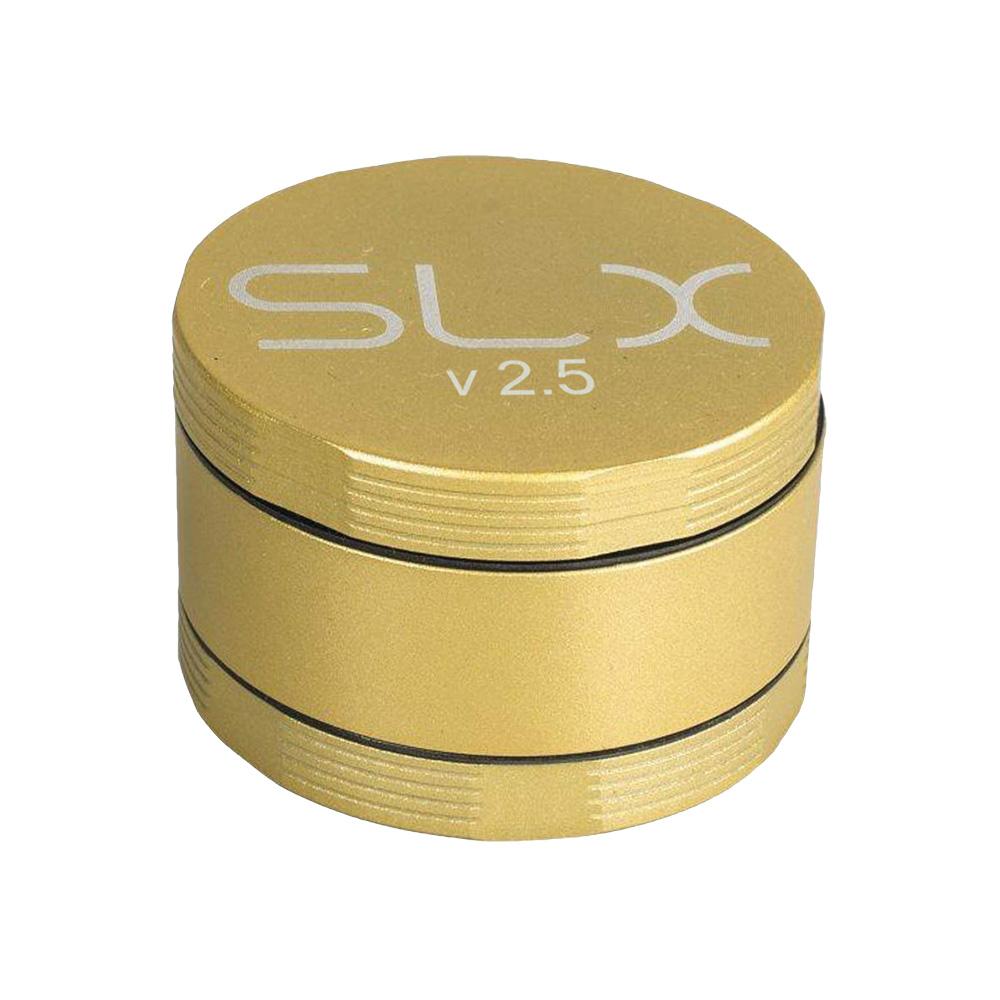 Front view of the SLX Ceramic Coated Metal Grinder, a silver, four-piece, 2.5-inch grinder against a plain white backdrop.