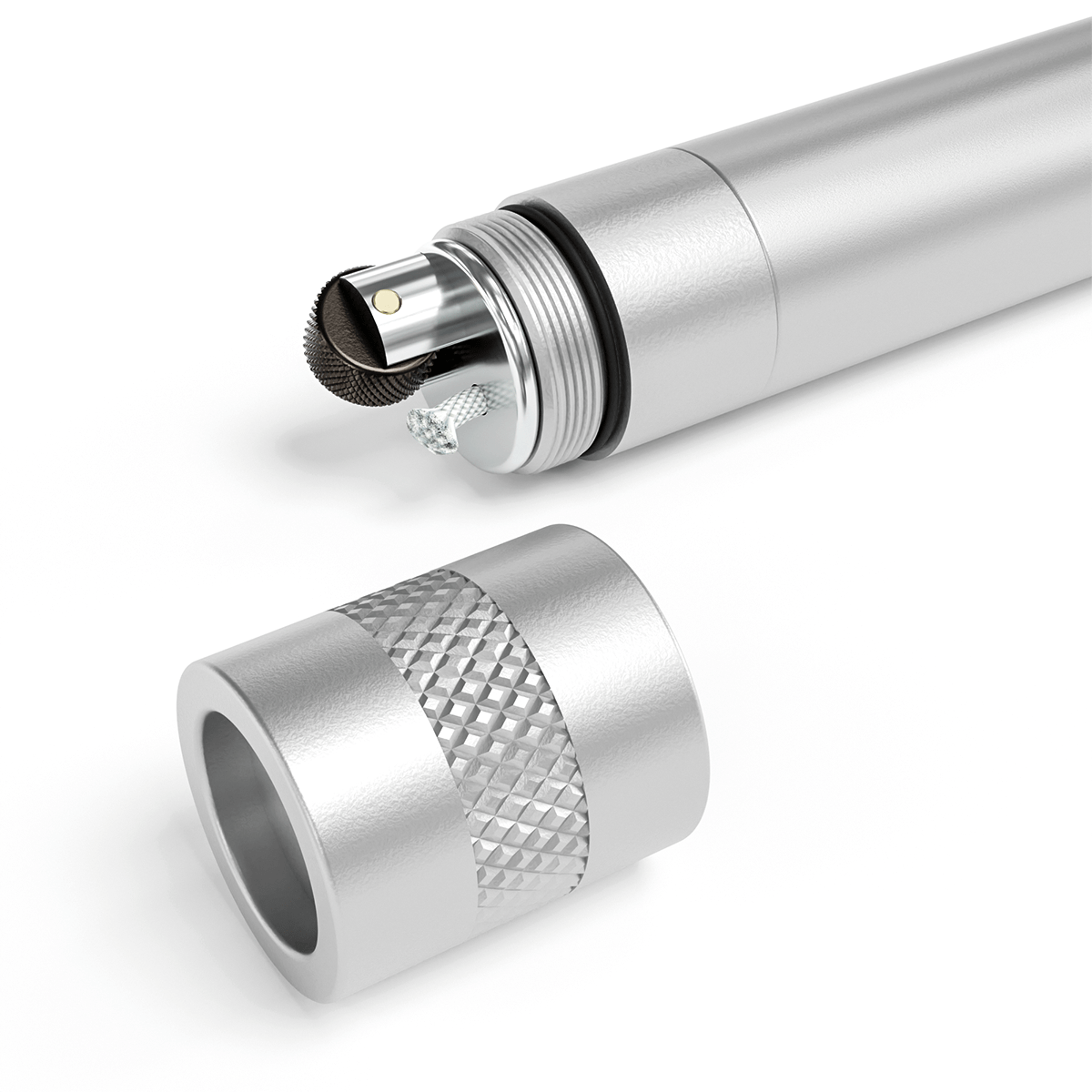 Close-up angled view of the StashLight - Doob Tube & Refillable Lighter, showing its metallic exterior and open end.