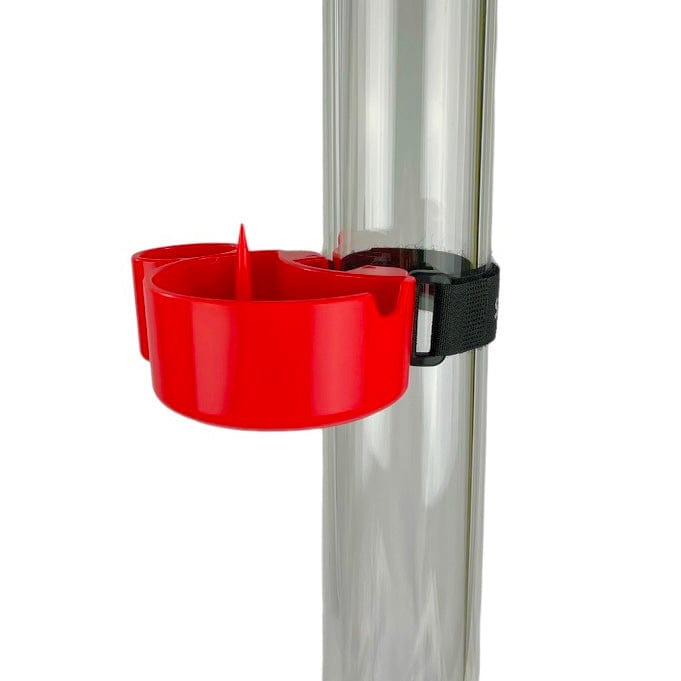 A side view of the TreeHouse AshTray attached to a silver pole, displaying its red plastic construction and simple design.