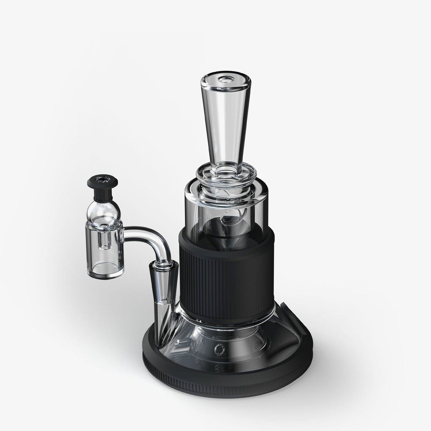 Front view of the Tandem Incycler Kit, a clear glass water pipe with a black base and an attached cylindrical bubbler.