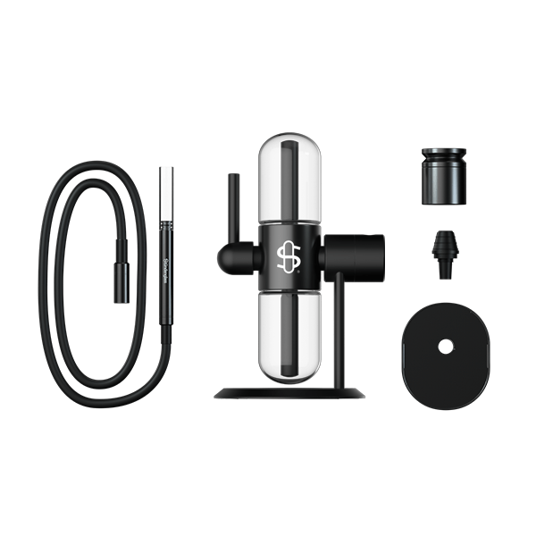 A studio shot of the Stündenglass Kompact Gravity Infuser with its components arranged on a black background.