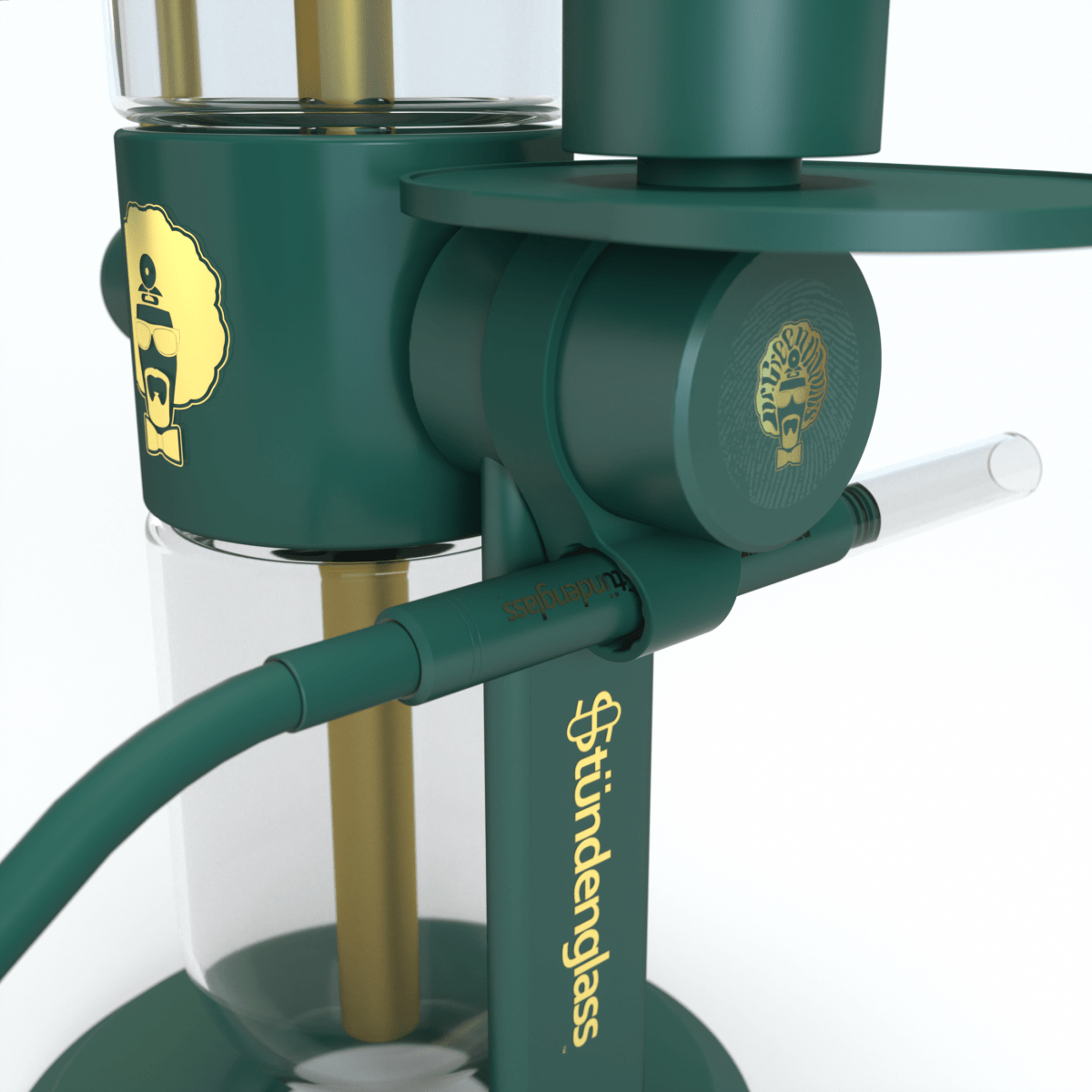 A close-up view of the green Hose Clip, showing its rounded shape and polished surface against a dark backdrop.