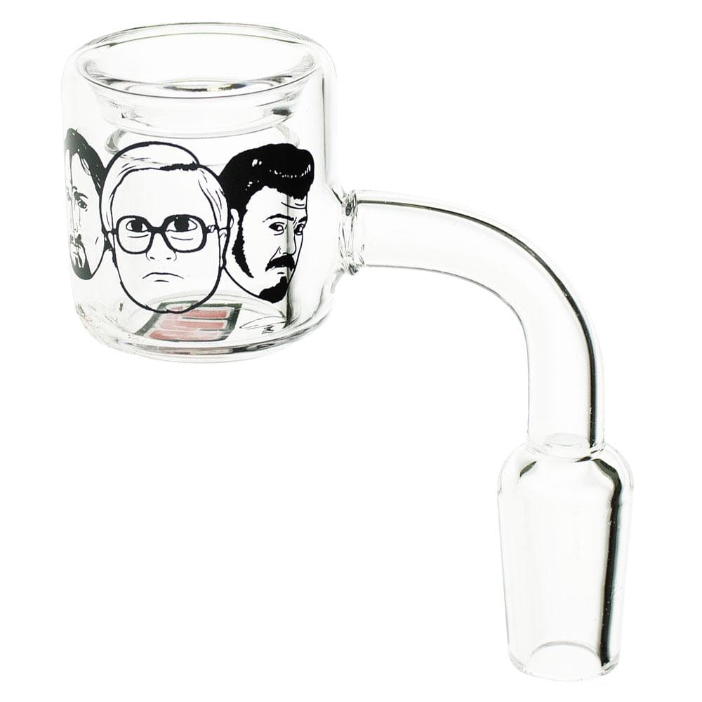 Close-up view of the Quartz Thermal Banger, showcasing its clear glass construction and angled joint detail.