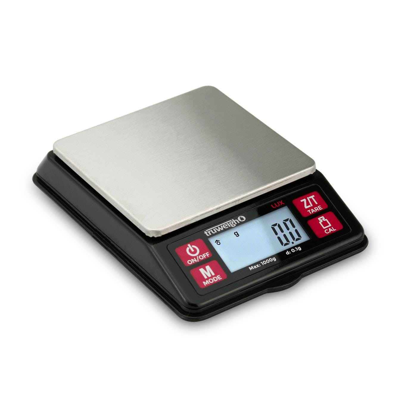 Close-up of the black Truweigh LUX Digital Scale, displaying a digital readout from a slightly angled, top-down perspective.