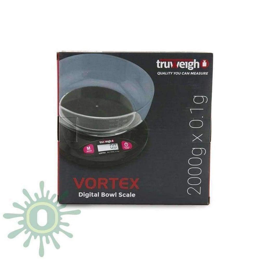 A close-up, angled view of the Truweigh Vortex Digital Bowl Scale, showcasing its sleek, modern design and digital display.