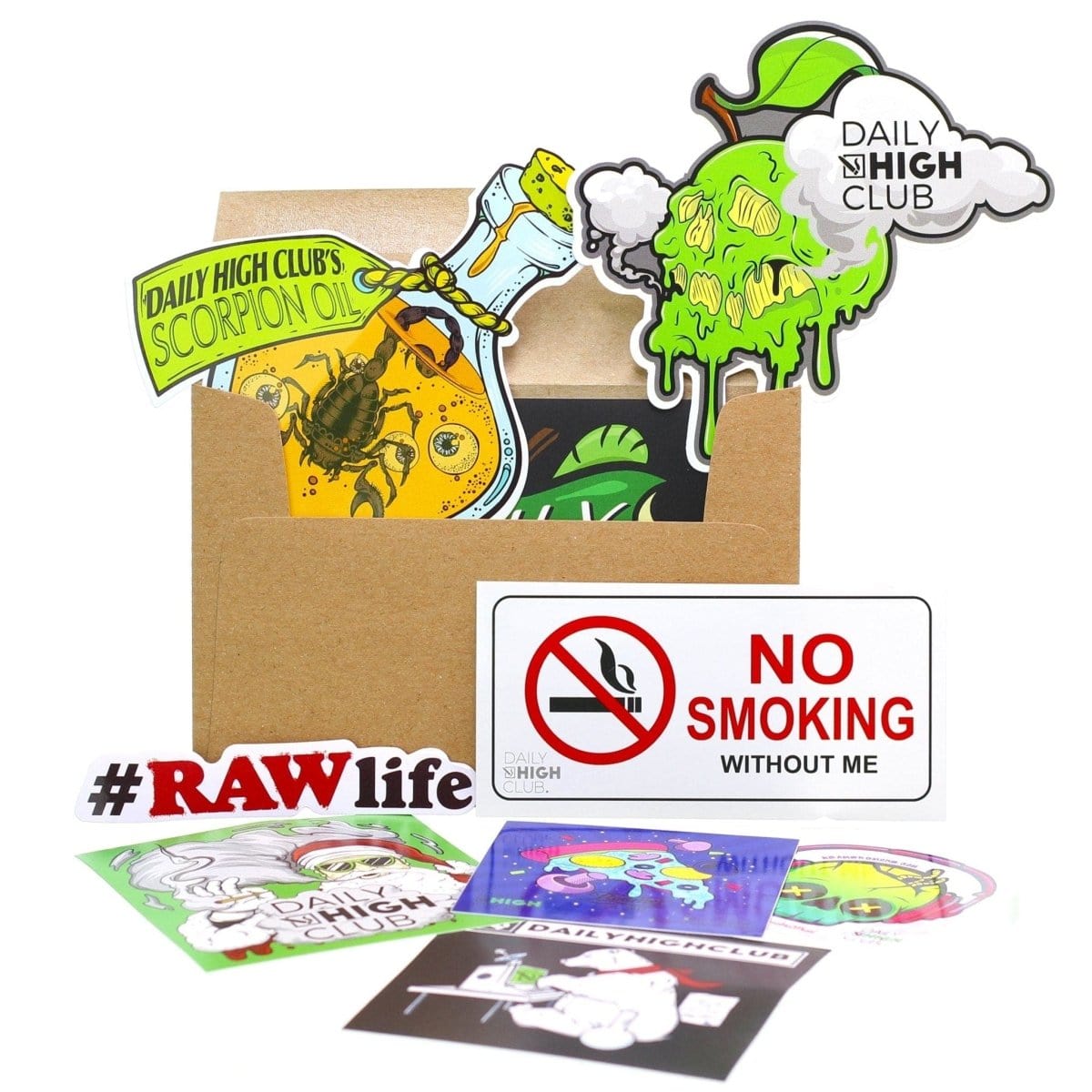 A flat lay shows the Daily High Club Sticker Pack featuring colorful, whimsical designs arranged on a white surface.