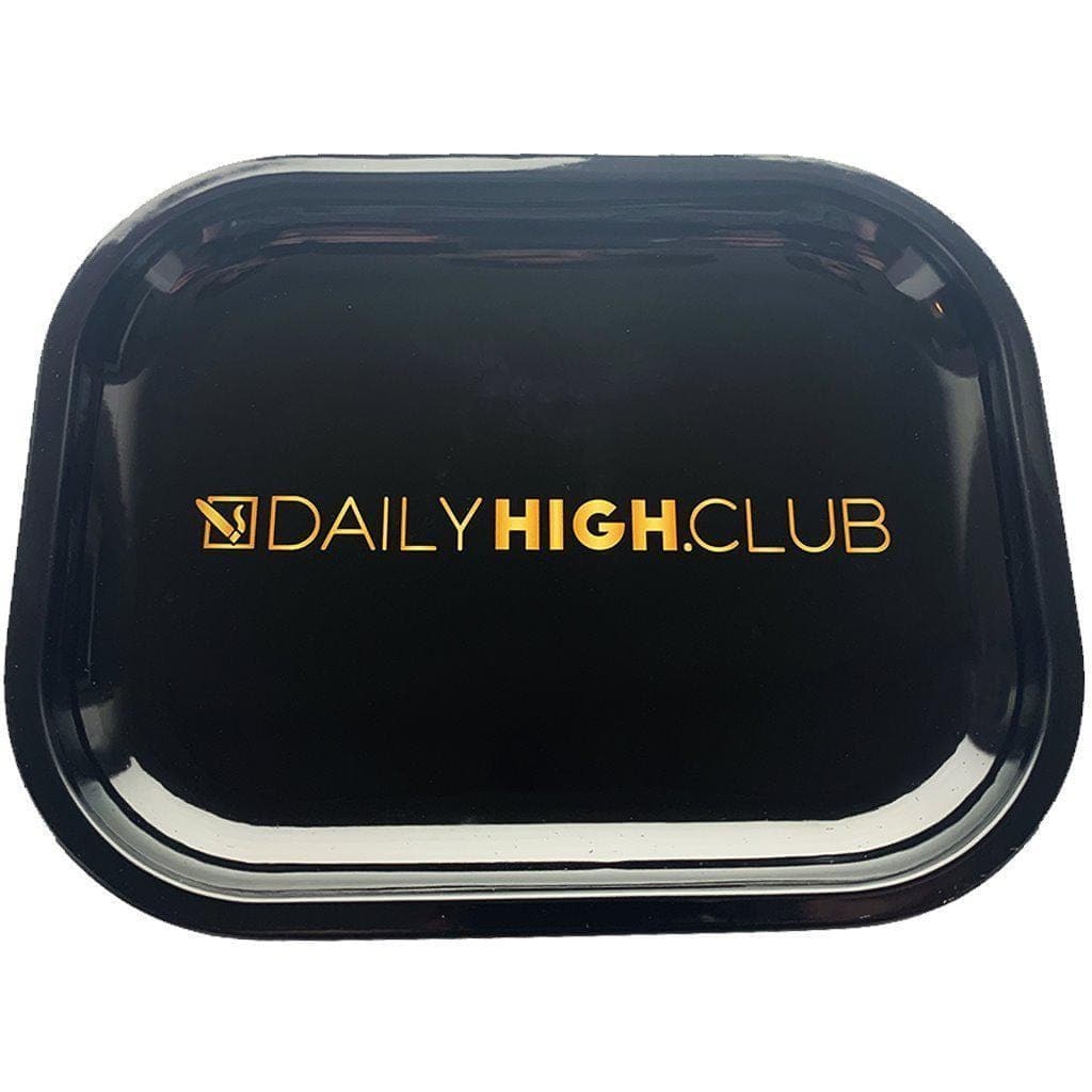 Overhead view of the Daily High Club Rolling Tray, a sleek, black rectangular tray reflecting light.