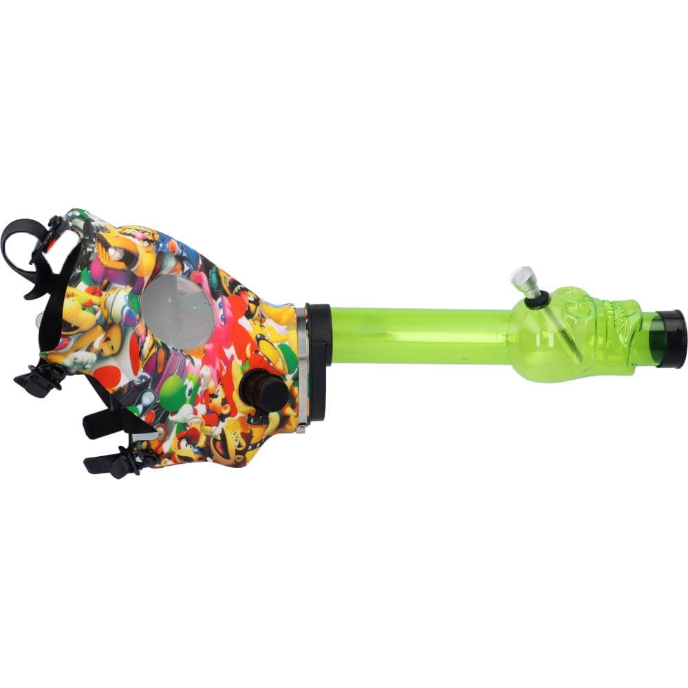 A side view of the Assorted Gas Mask w/Vibrant Design, showing its colorful pattern against a plain white background.