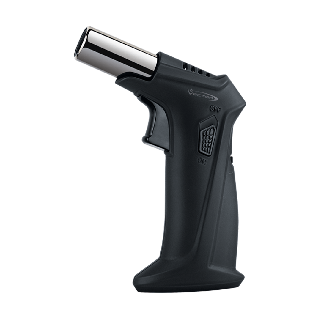 A front view of the Vector Clash Mini Torch, featuring a black handheld butane torch with a sleek, compact design.