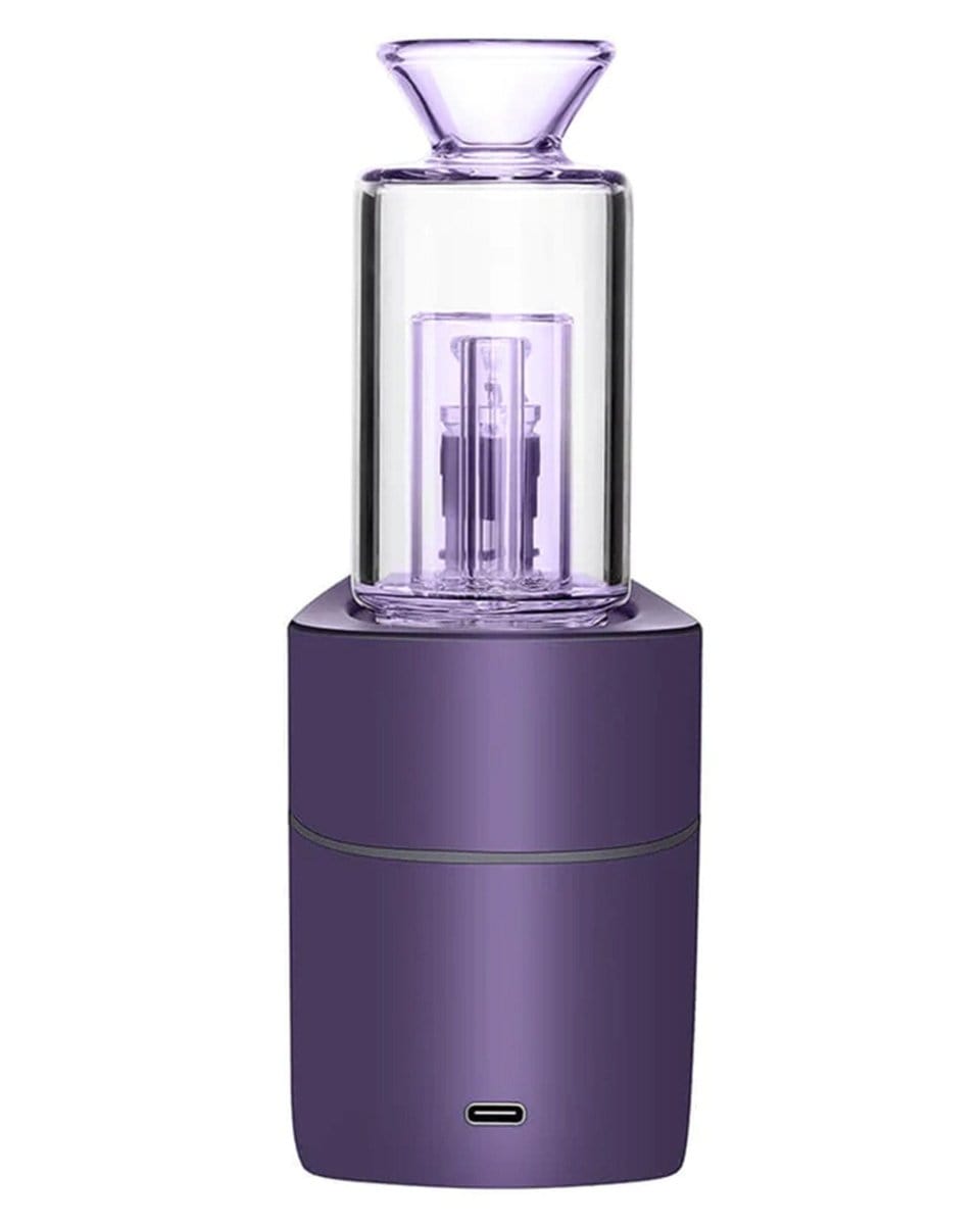 Front view of the Halo Smart E-Rig, a purple device with a glass bubbler extending from the top.