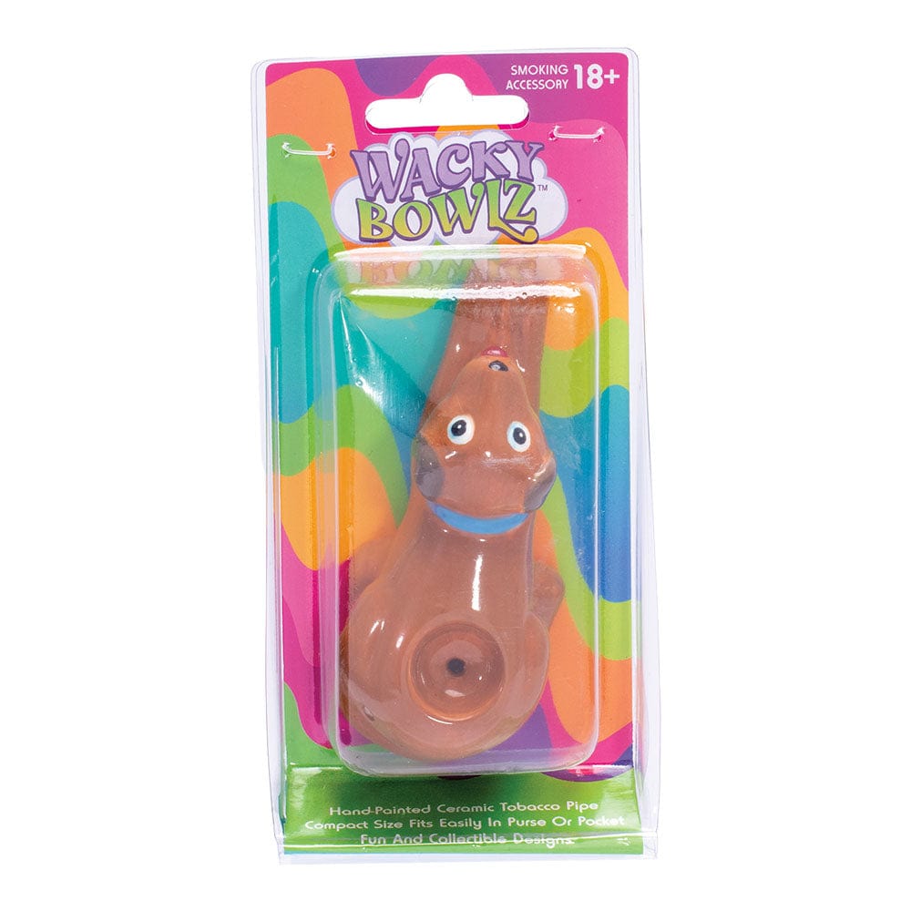 A front view of the Wacky Bowlz Brown Dog Ceramic Pipe, showing its glossy brown finish and playful design.
